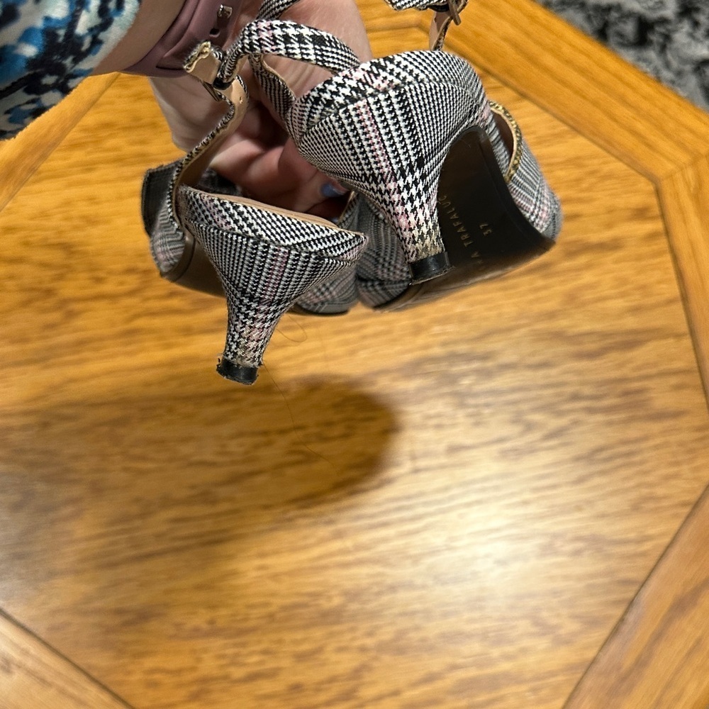 *ZARA* Trafaluc Black x White Plaid Slingback Kitten Heels Size 37 - Picture 9 of 11